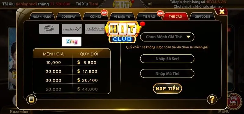 Hướng dẫn nạp thẻ cào vietnamobile vào hitclub