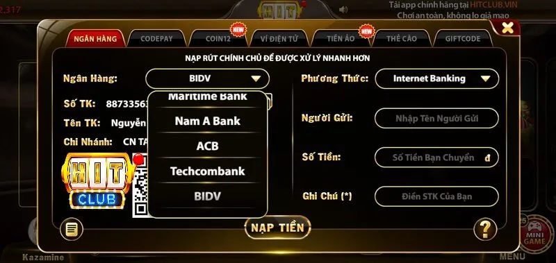 Quy trình nạp ngân hàng techcombank vào hitclub