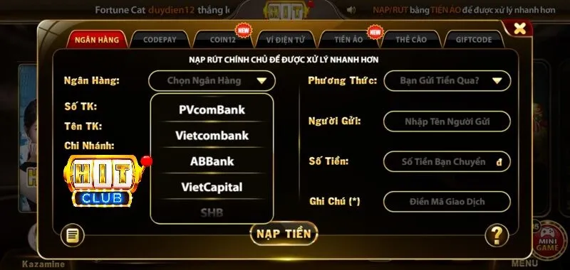 Quy trình nạp ngân hàng vietcombank vào hitclub